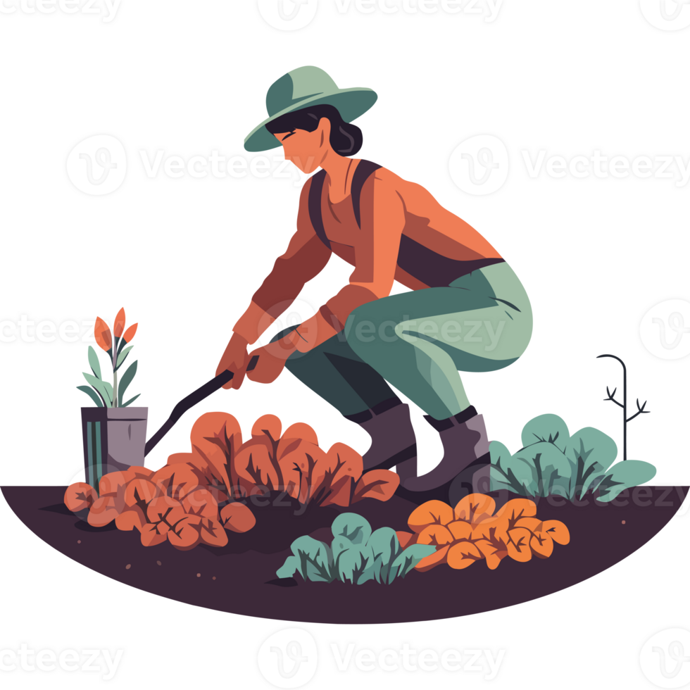 An illustration of a woman in a hat and overalls tending a garden png