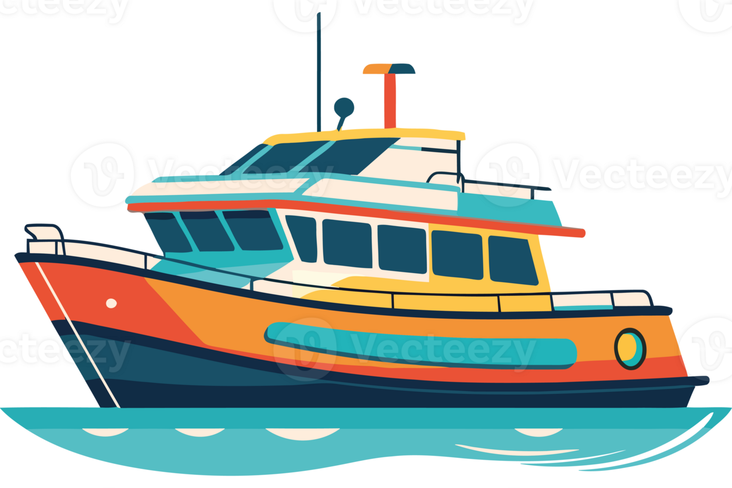 A boat floating on the water with a blue and orange color png
