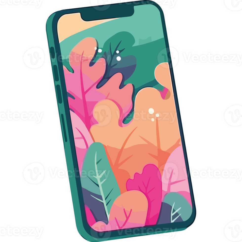 An iphone with colorful leaves on the screen png