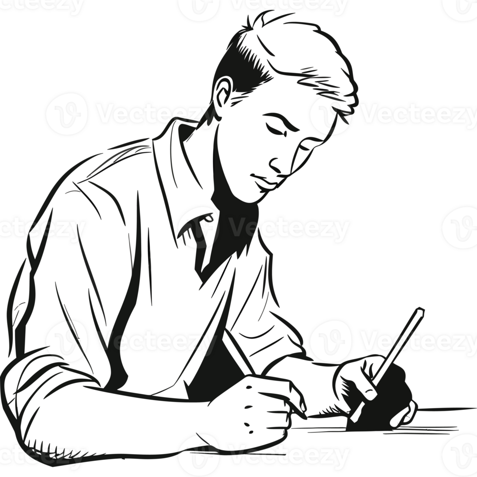 A black and white drawing of a man writing png
