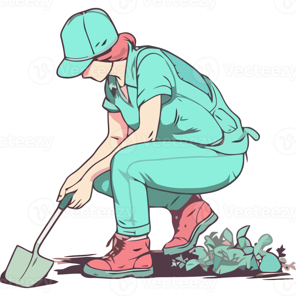 A cartoon woman in a hat and overalls is digging up dirt png