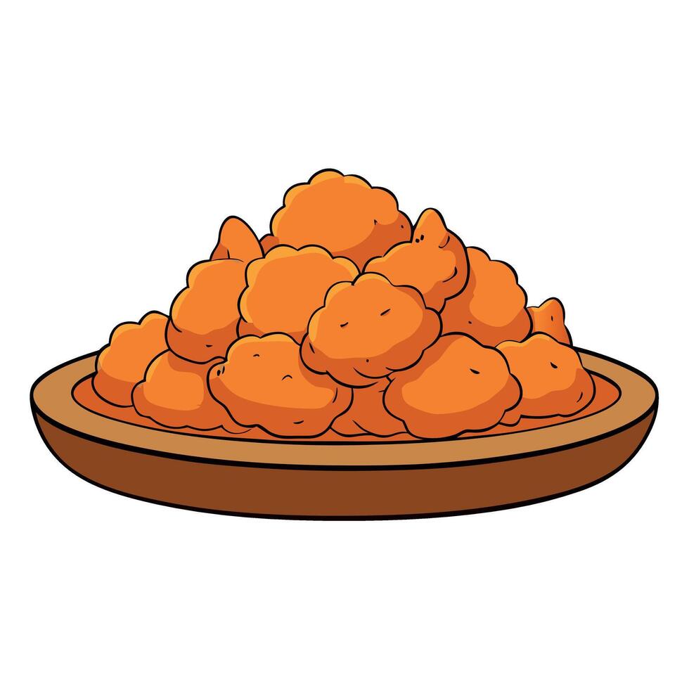 A Pile of Fried Food on a Wooden Plate. A wooden plate holds a mound of fried food. showcasing a mou vector