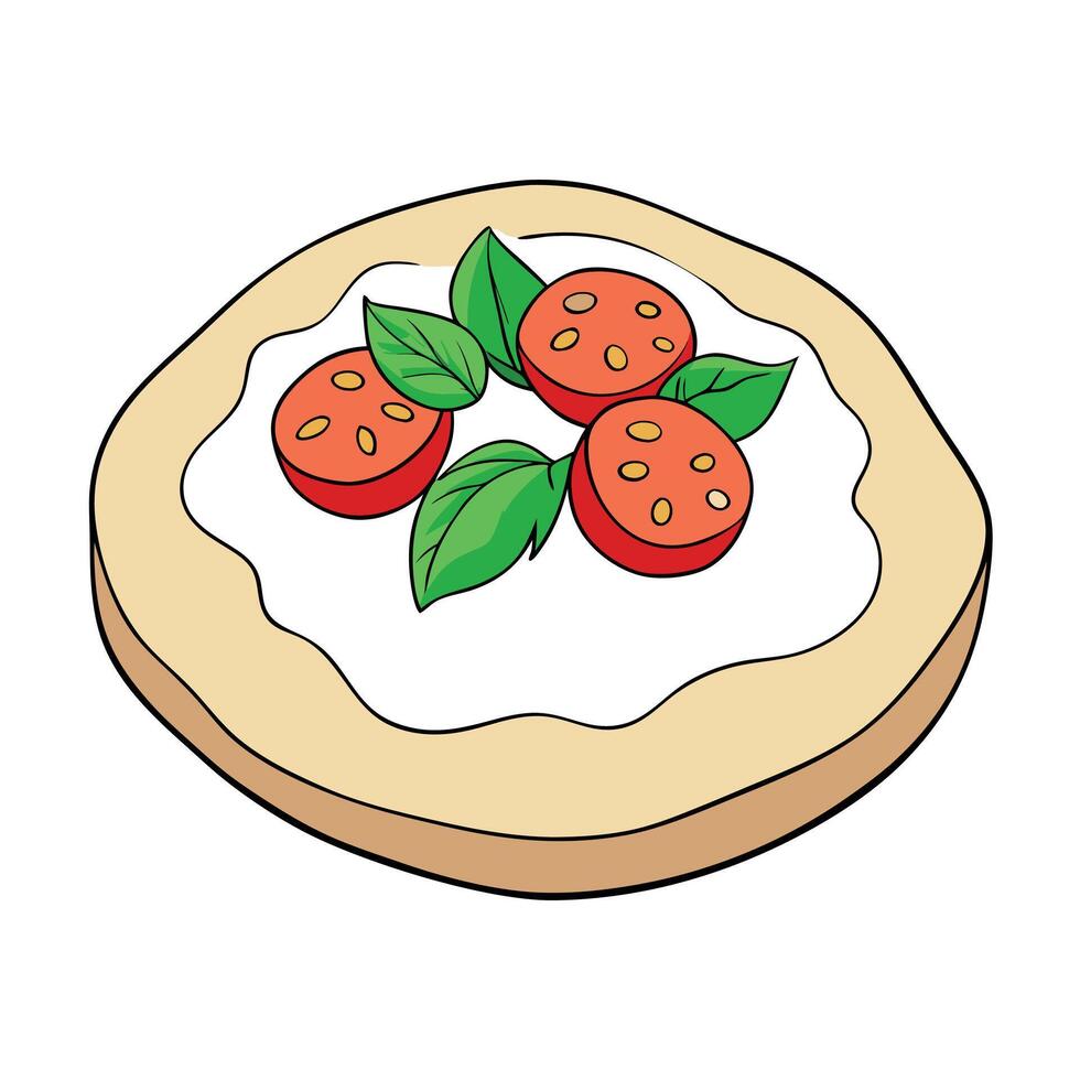 Freshly shaped dough topped with San Marzano tomatoes. melted mozzarella cheese. and fragrant basil vector