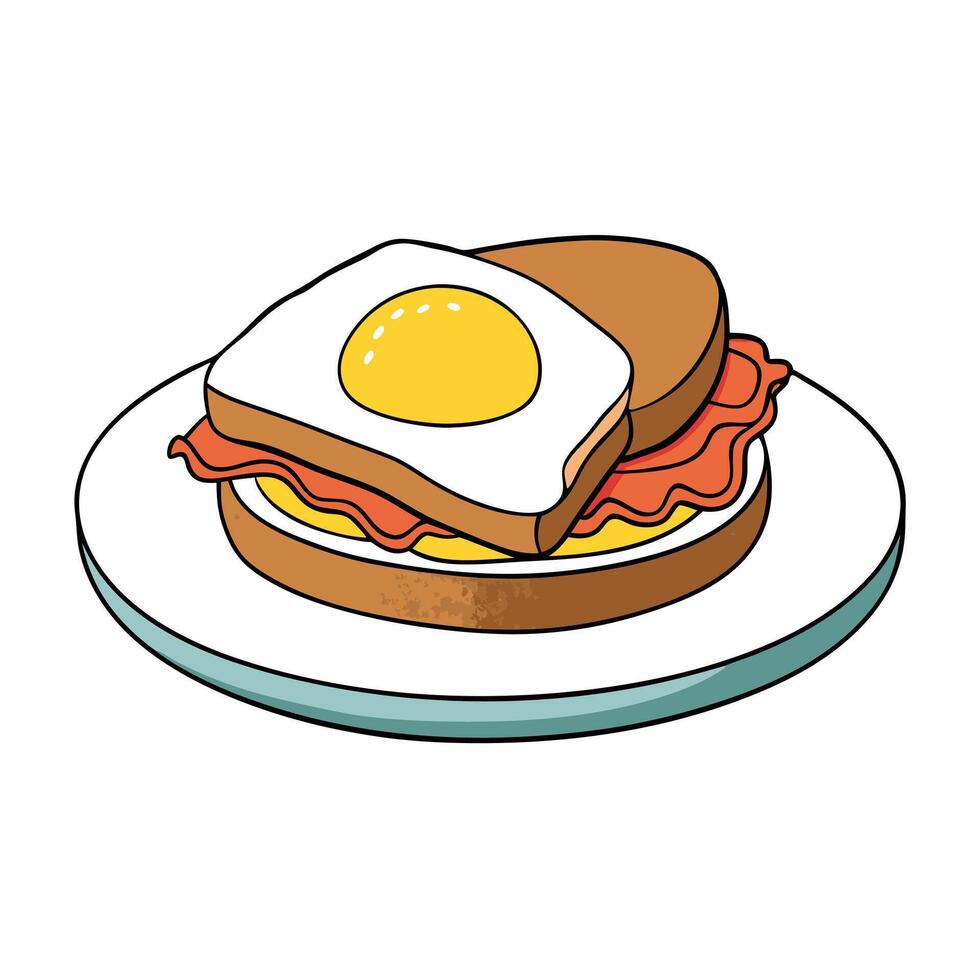 A breakfast sandwich on a plate with bacon and an egg vector
