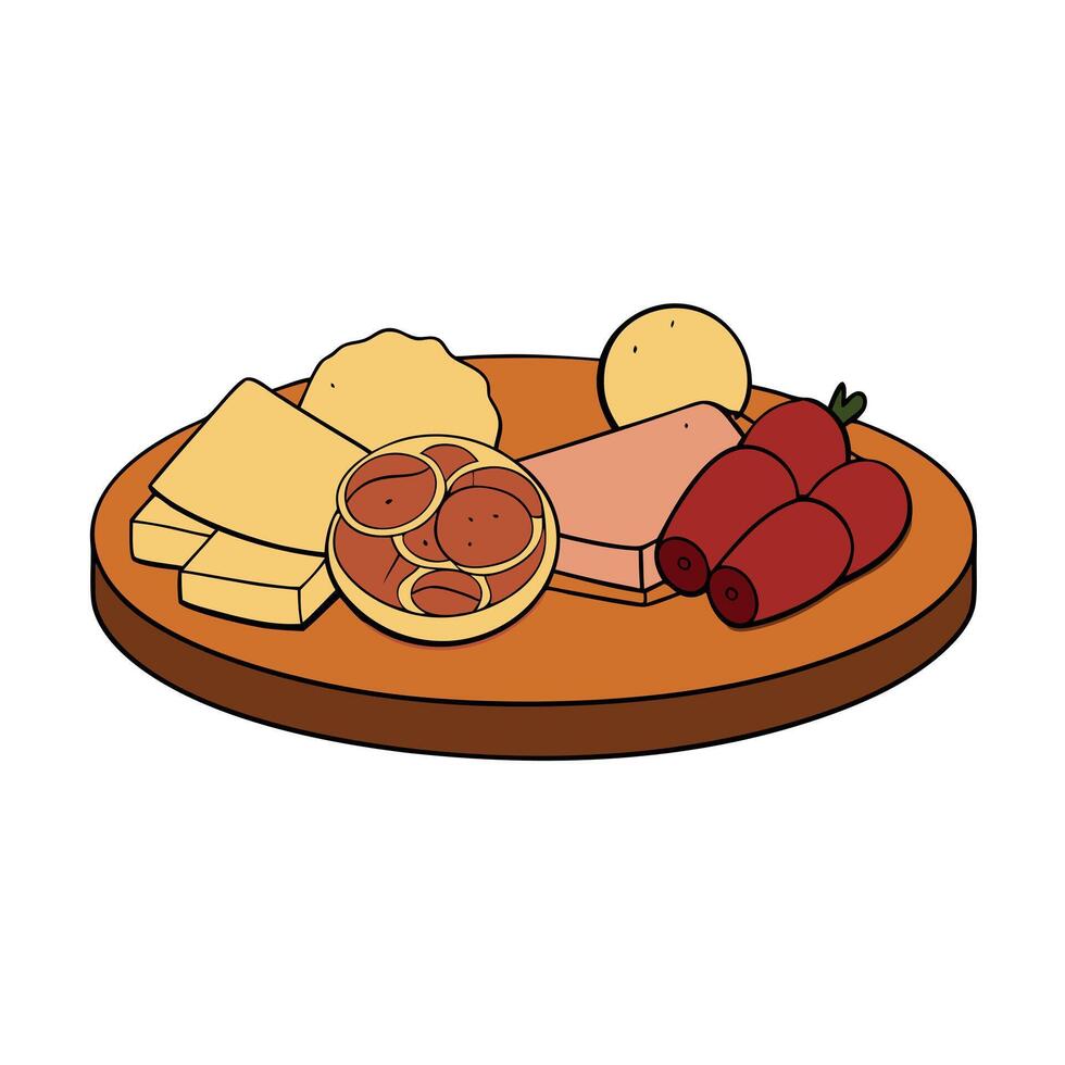A wooden platter with a variety of meats and cheeses vector