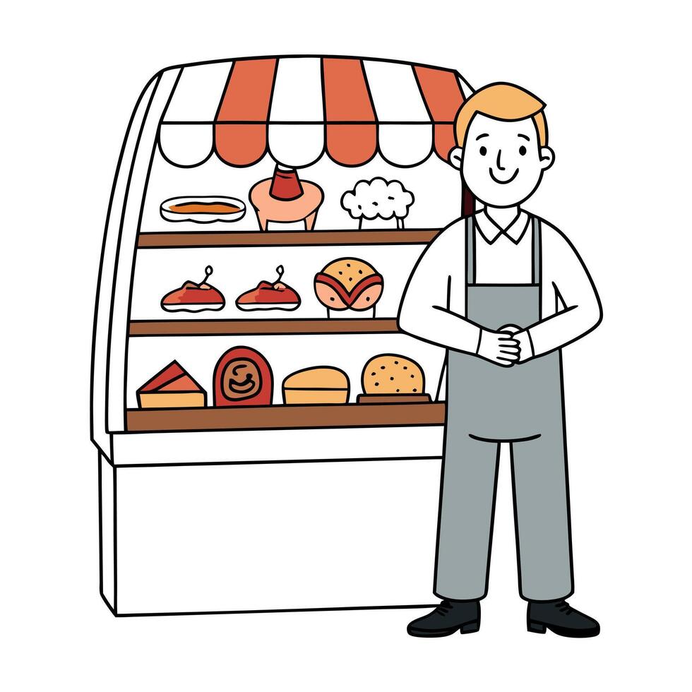 A man stands next to a showcase full of various meats vector