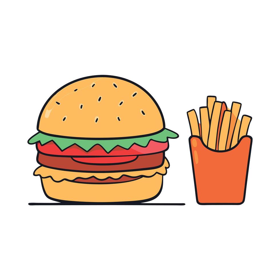 Jumbo burger with toppings and french fries vector