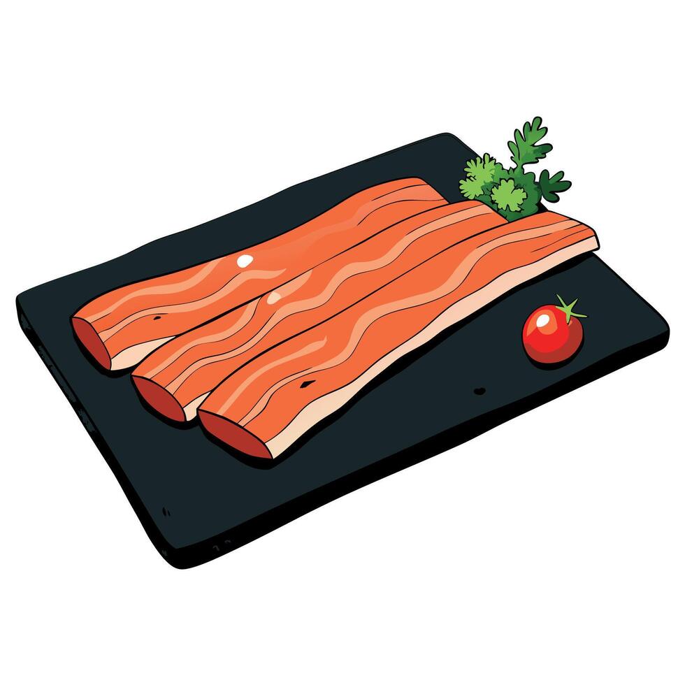 Fresh bacon strips on slate with herbs and tomatoes vector