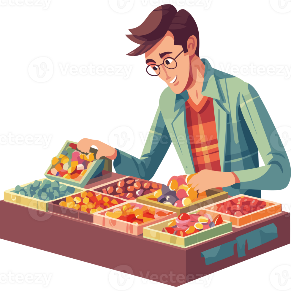 A man is standing in front of a box of fruit png