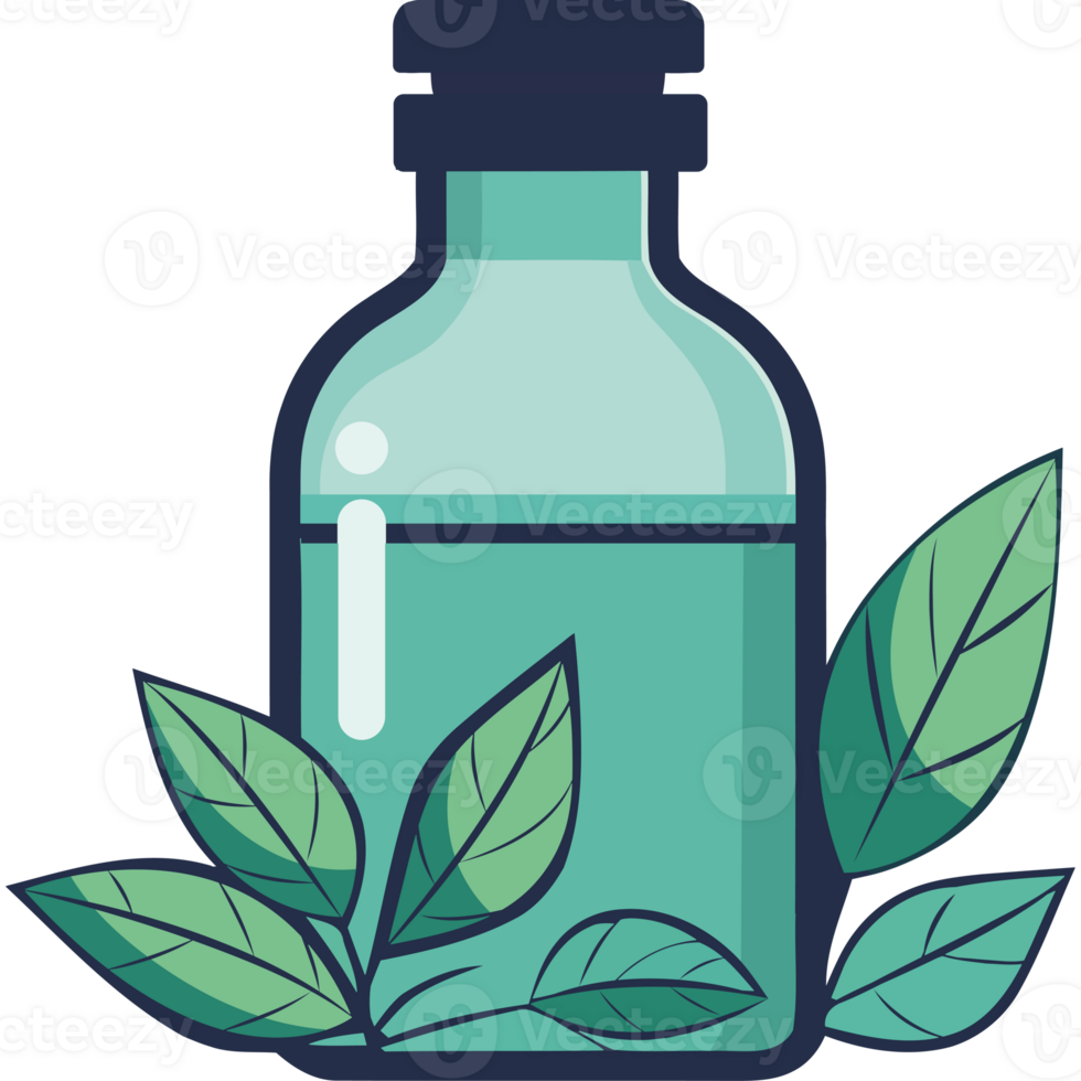 A bottle of essential oil with leaves png