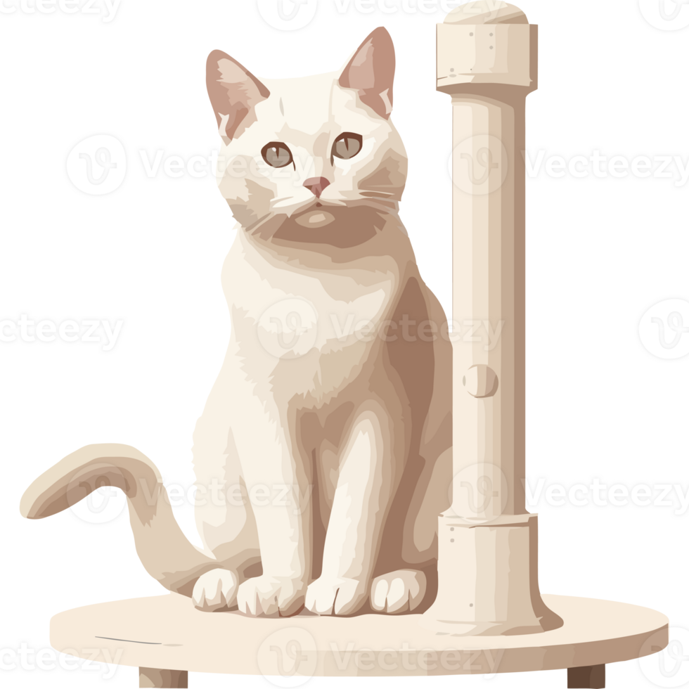 A white cat sitting on a wooden stool png