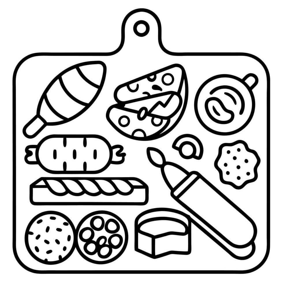 A variety of meats and cheeses are displayed on a wooden cutting board. The meats include hot dogs. vector