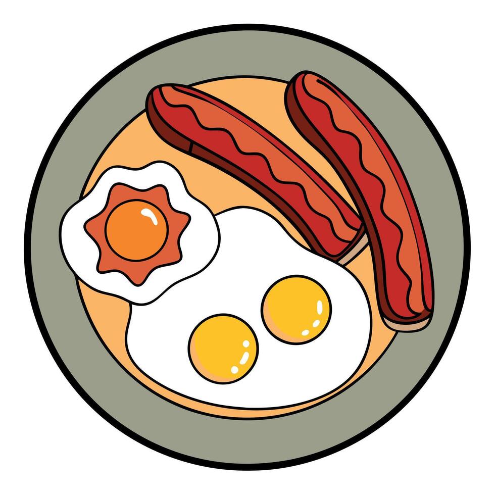 Breakfast Plate with Fried Eggs. Sausage and Bacon. vector
