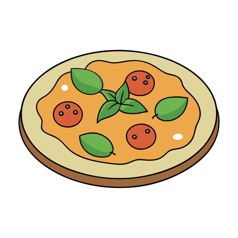 A pizza with basil leaves on top vector