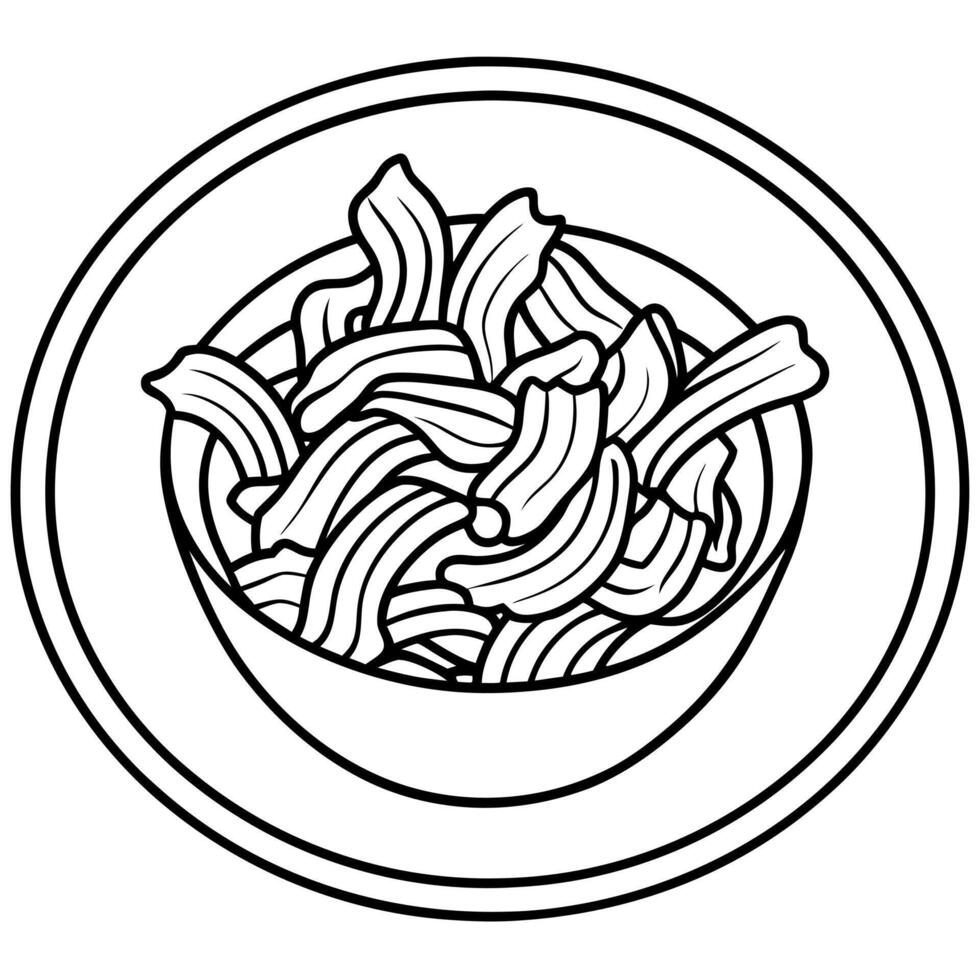 A close up of a bowl of pasta with bacon and parsl vector
