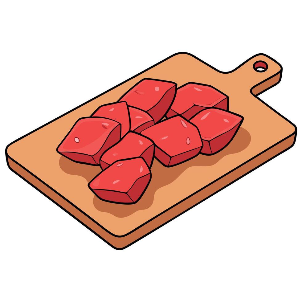 Chopped veal meat pieces on a wooden chopping board vector