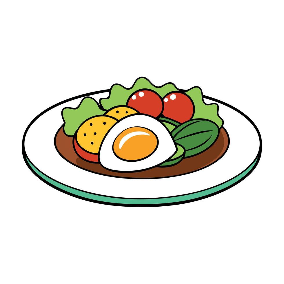 A plate of food with a fried egg on top of a salad vector