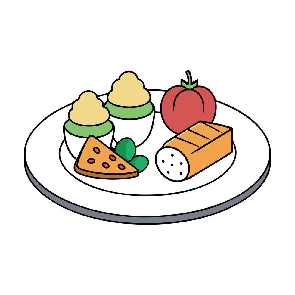 A white plate topped with different types of food vector