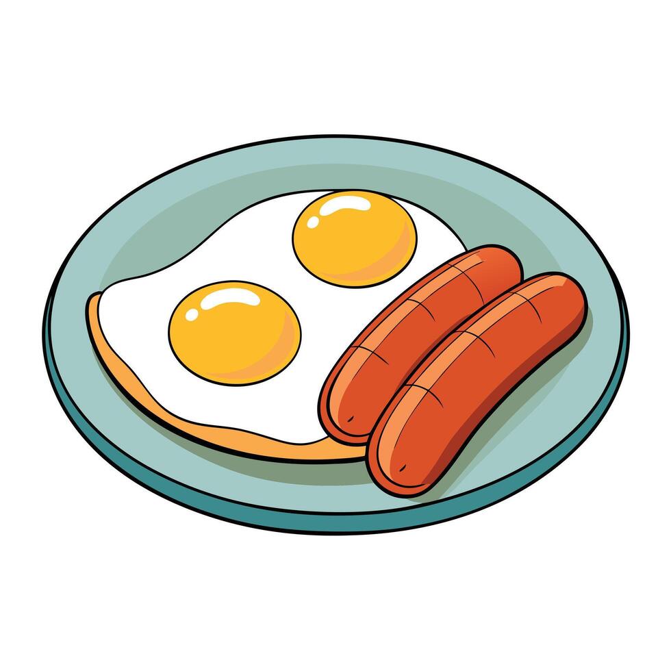 Fried Eggs And Sausage in a plate White Background vector