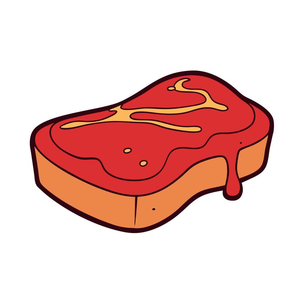 A juicy steak topped with syrup on a white surface. vector
