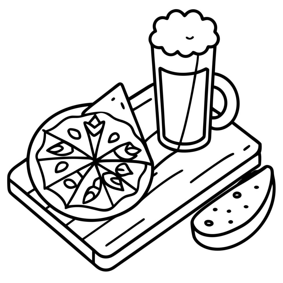 Hawaiian pizza and beer on a cutting board. vector