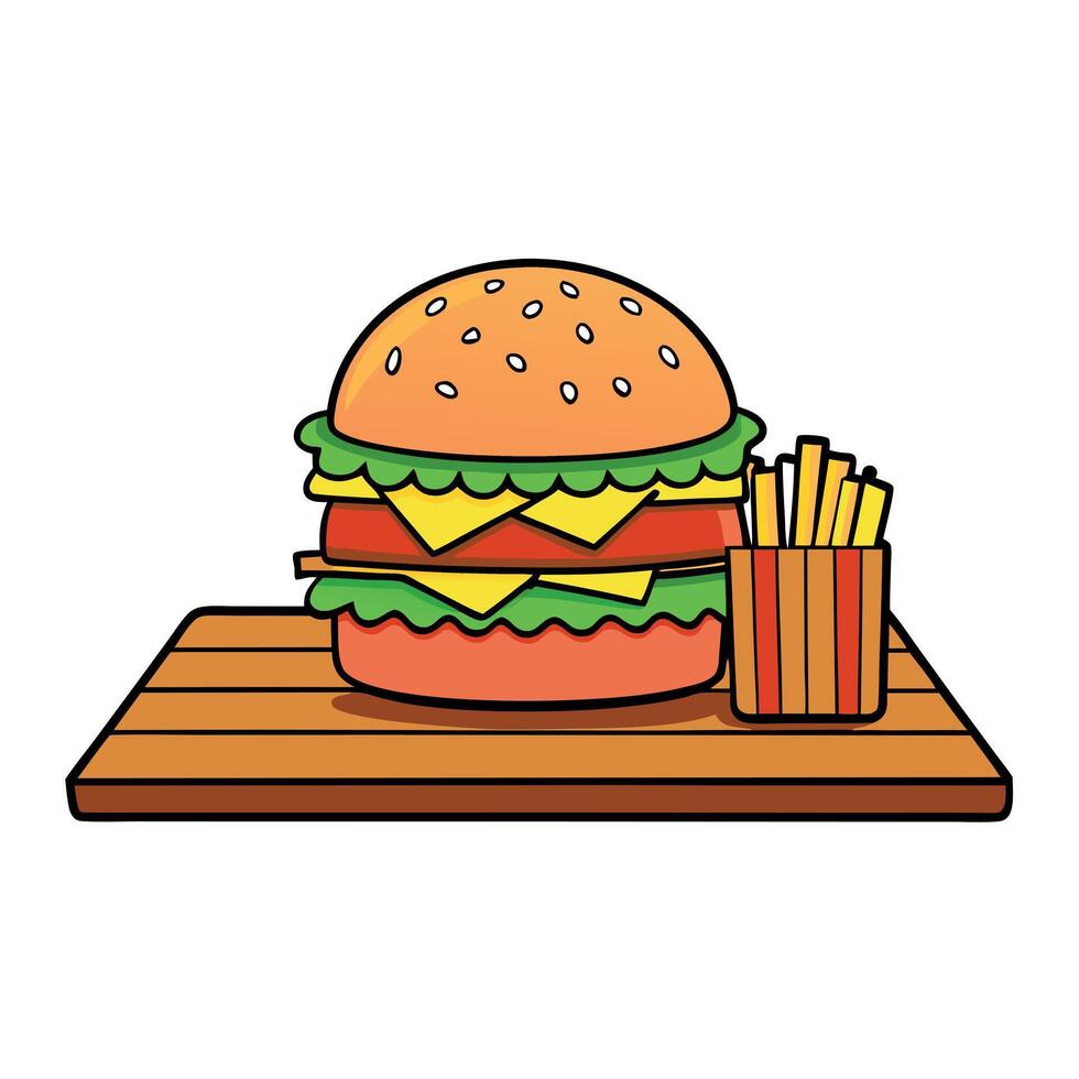 Delicious burger with fries on wooden table vector