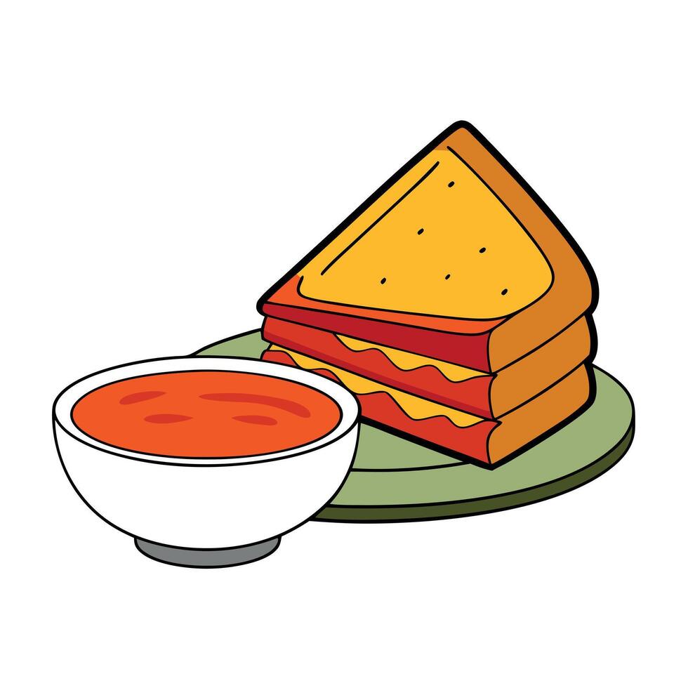 A classic grilled cheese sandwich with tomato soup. vector