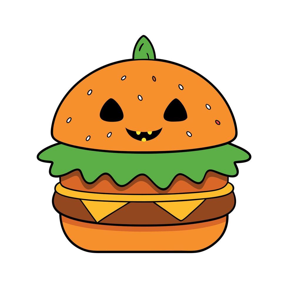 Halloween party burger in shape of scary pumpkin. vector