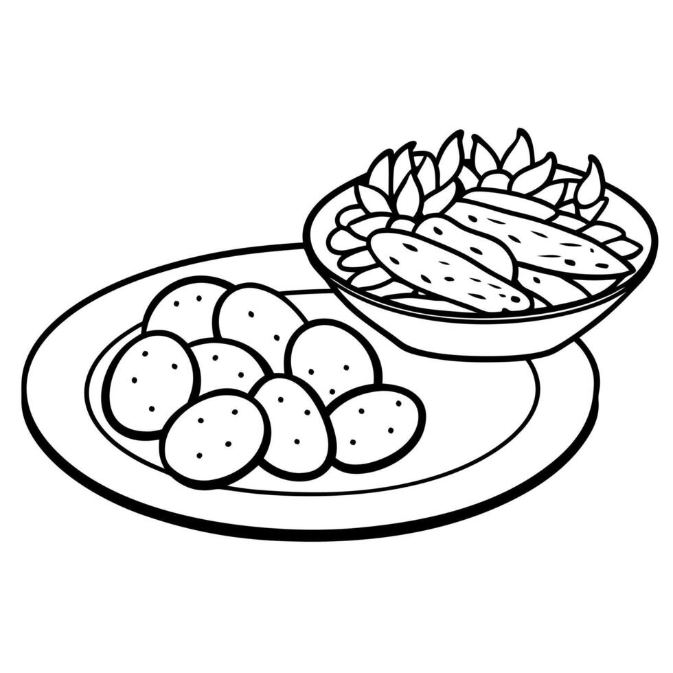 A plate of potatoes and green beans on a table vector