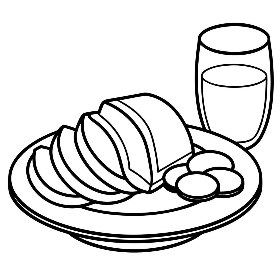 A plate of ham and bread with a glass of olive oil vector