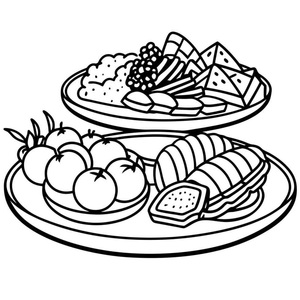 Delicious Grilled Vegetables and Meats on Platters vector