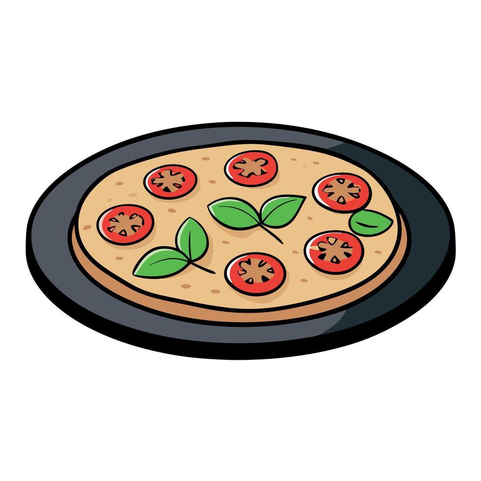 A pizza with tomatoes and basil on a black plate vector