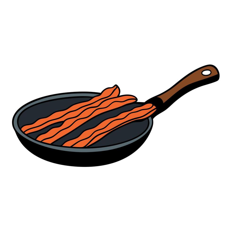 Crispy fried bacon strips on a black frying pan. vector