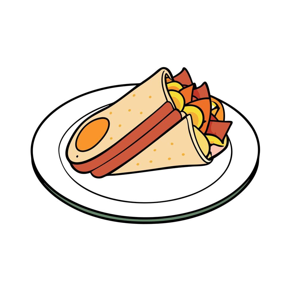 Egg and bacon breakfast wrap on a ceramic plate vector