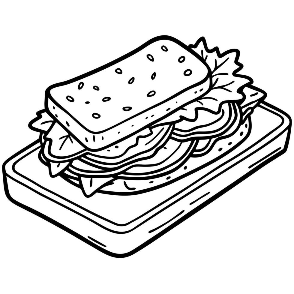 Delicious gourmet sandwich topped with fresh vegetables. herbs. and crispy bacon on a wooden board. vector