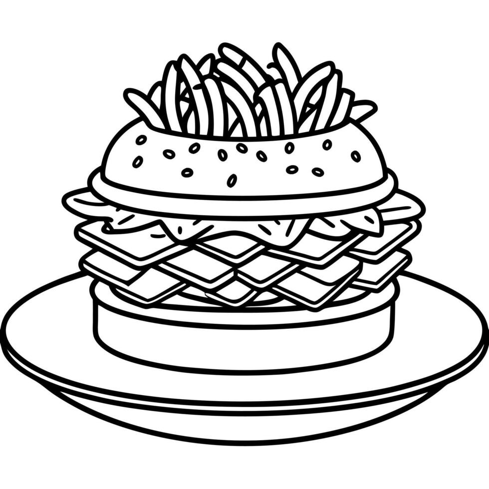 A detailed shot of a classic American hamburger. loaded with toppings and paired with golden fries. vector