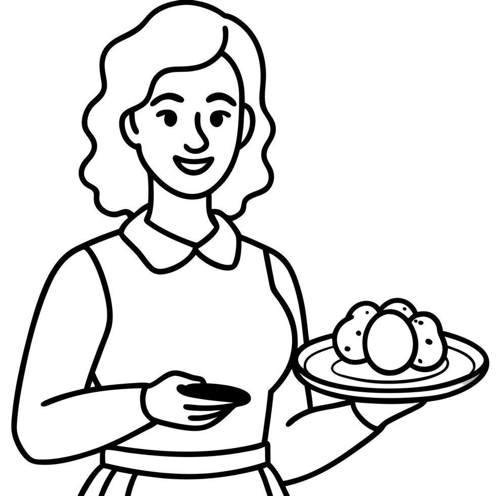 A woman is pictured holding a plate of food with a perfectly cooked egg on it. This image can be use vector