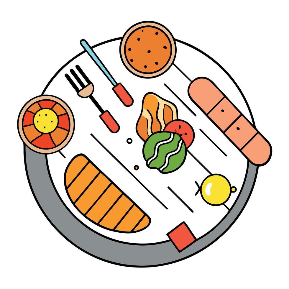 From a top view. a colorful. modern barbecue party unfolds. showcasing a delicious spread of smoked vector