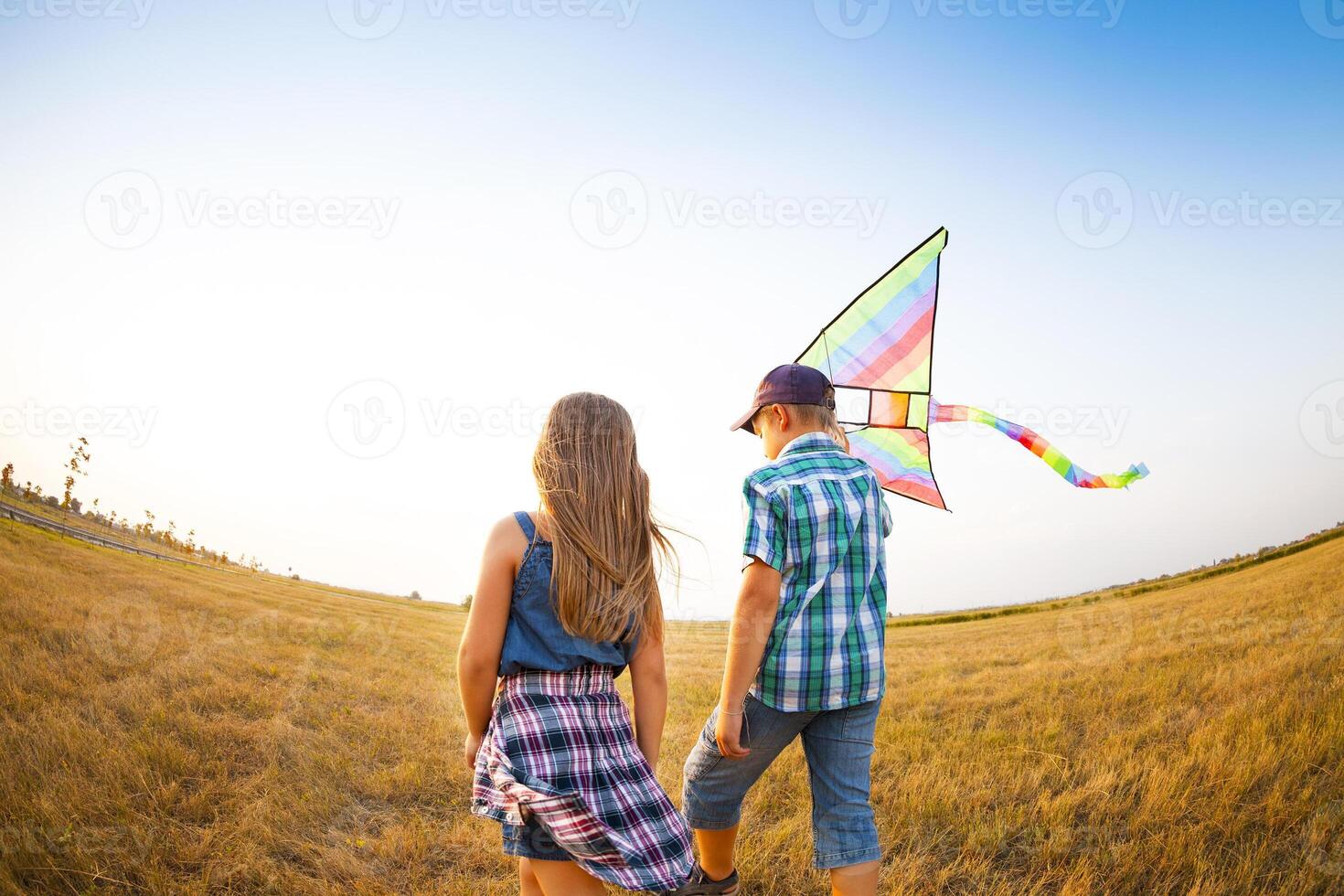 Little children playing with flying kite on the summer field photo