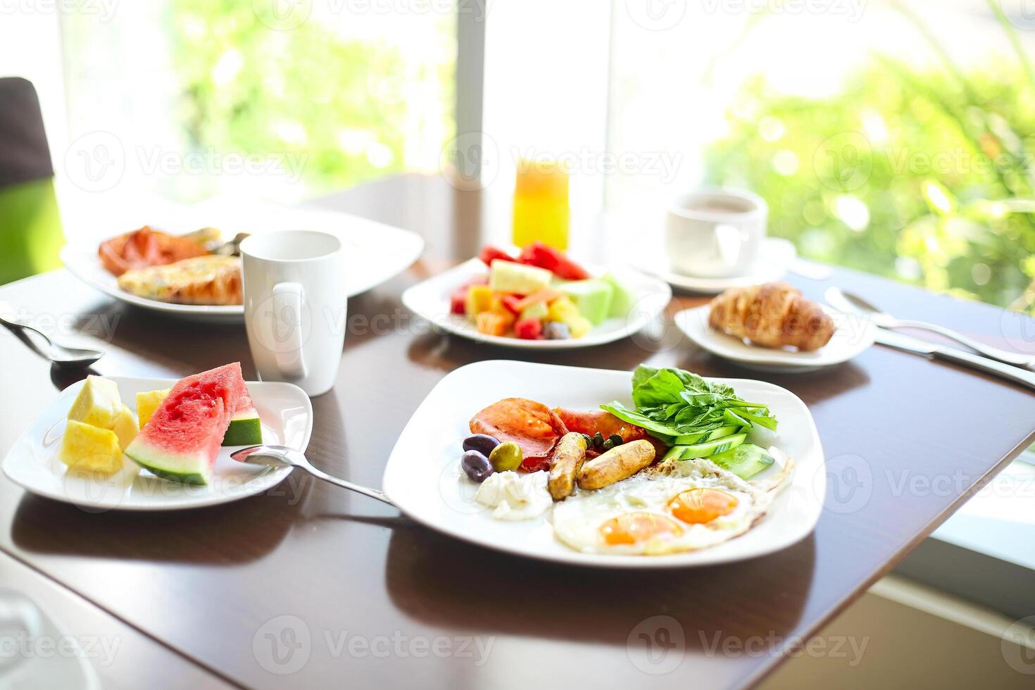Morning breakfast with roast eggs and coffee photo