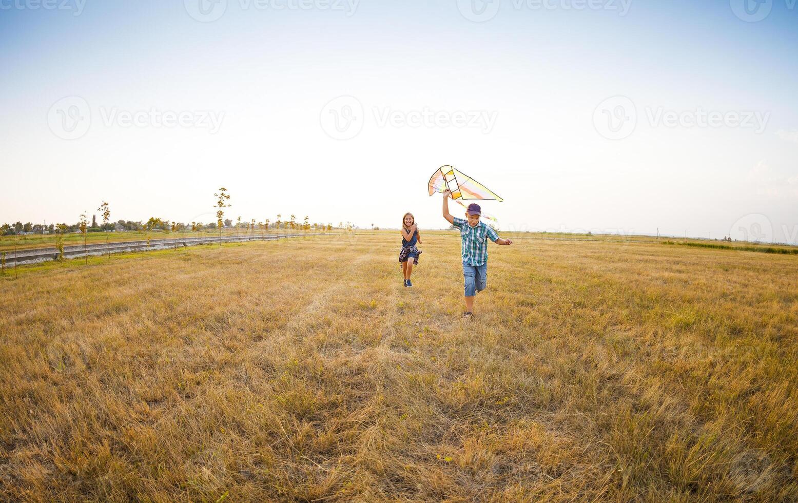 Happy children playing with flying kite on the summer field photo