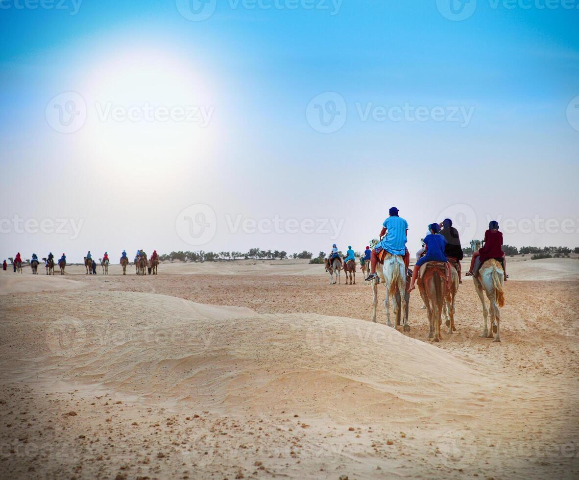 Group of tourists going for a desert camel safari photo