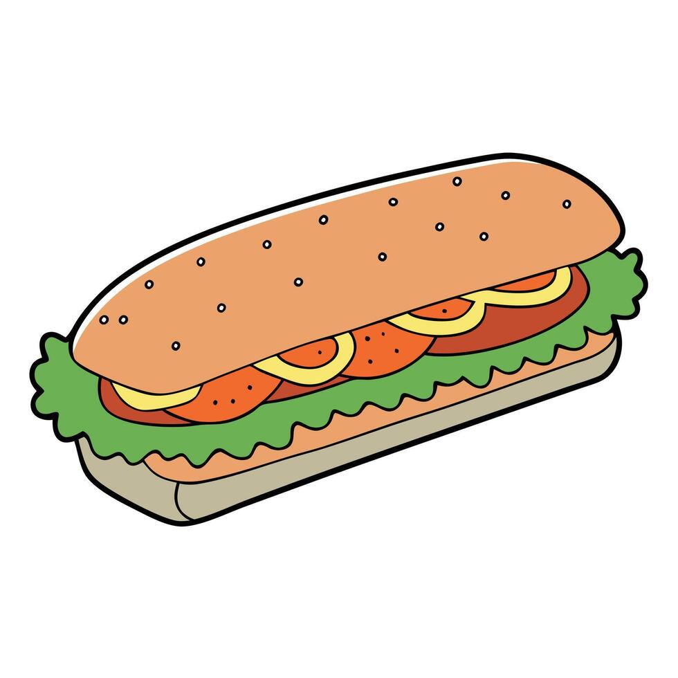 Enormous sub sandwich with vegetables and meat. vector