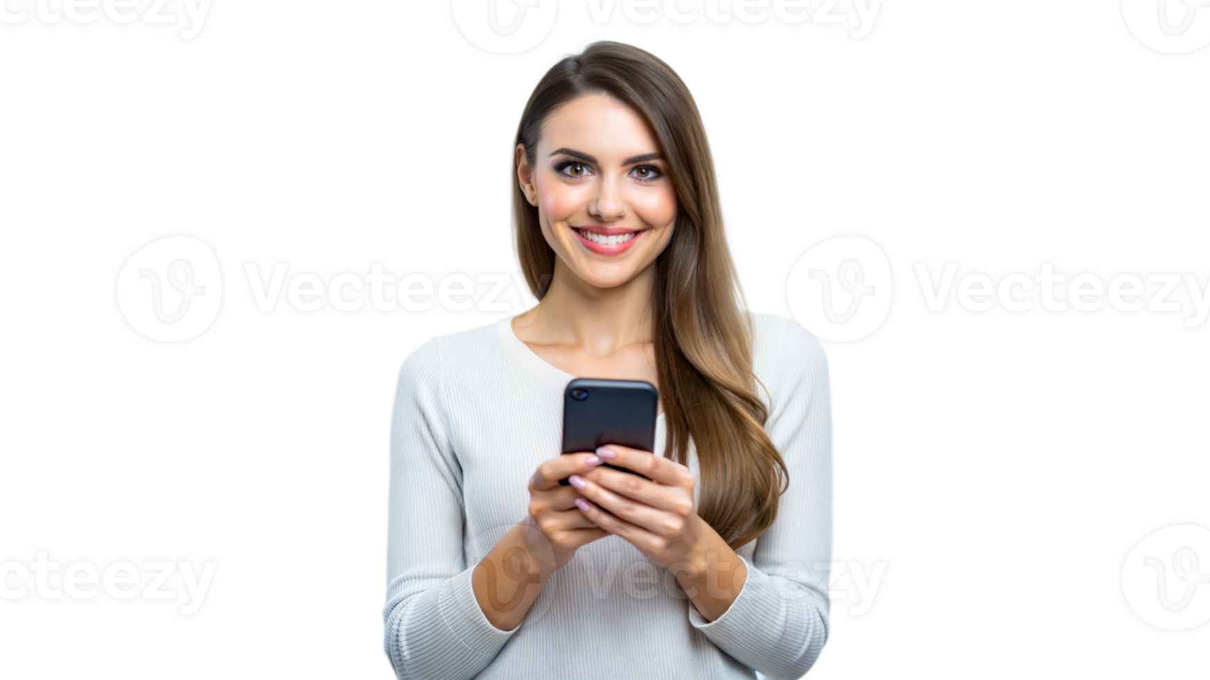 Woman smiling while holding a smartphone, enjoying technology png