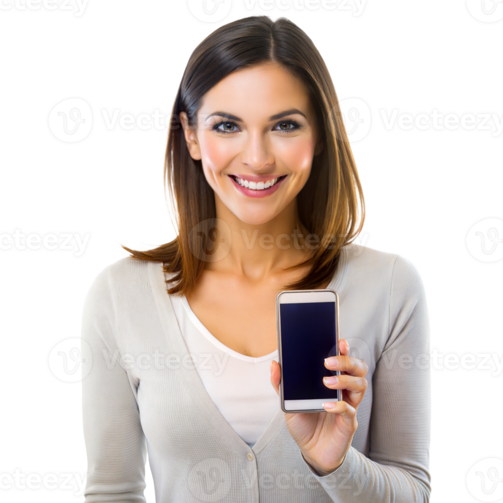 Smiling woman using a smartphone, engaged in technology png