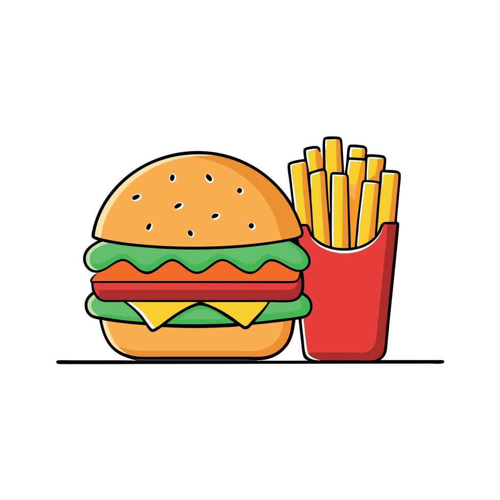 Delicious burger with toppings and french fries vector