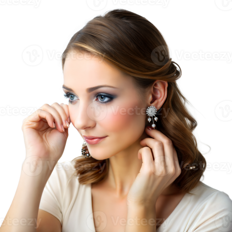 Woman smiling while applying lipstick, completing her beauty routine png