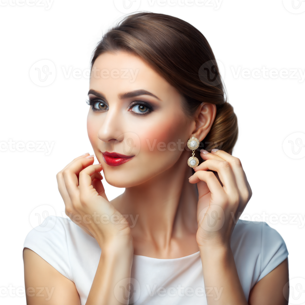 Woman applying lipstick, enhancing her look with a bold color png