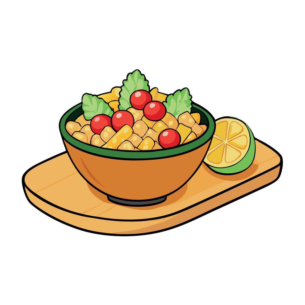 Freshly grilled corn kernels mixed with juicy cherry tomatoes. crispy bacon. and fragrant cilantro. vector