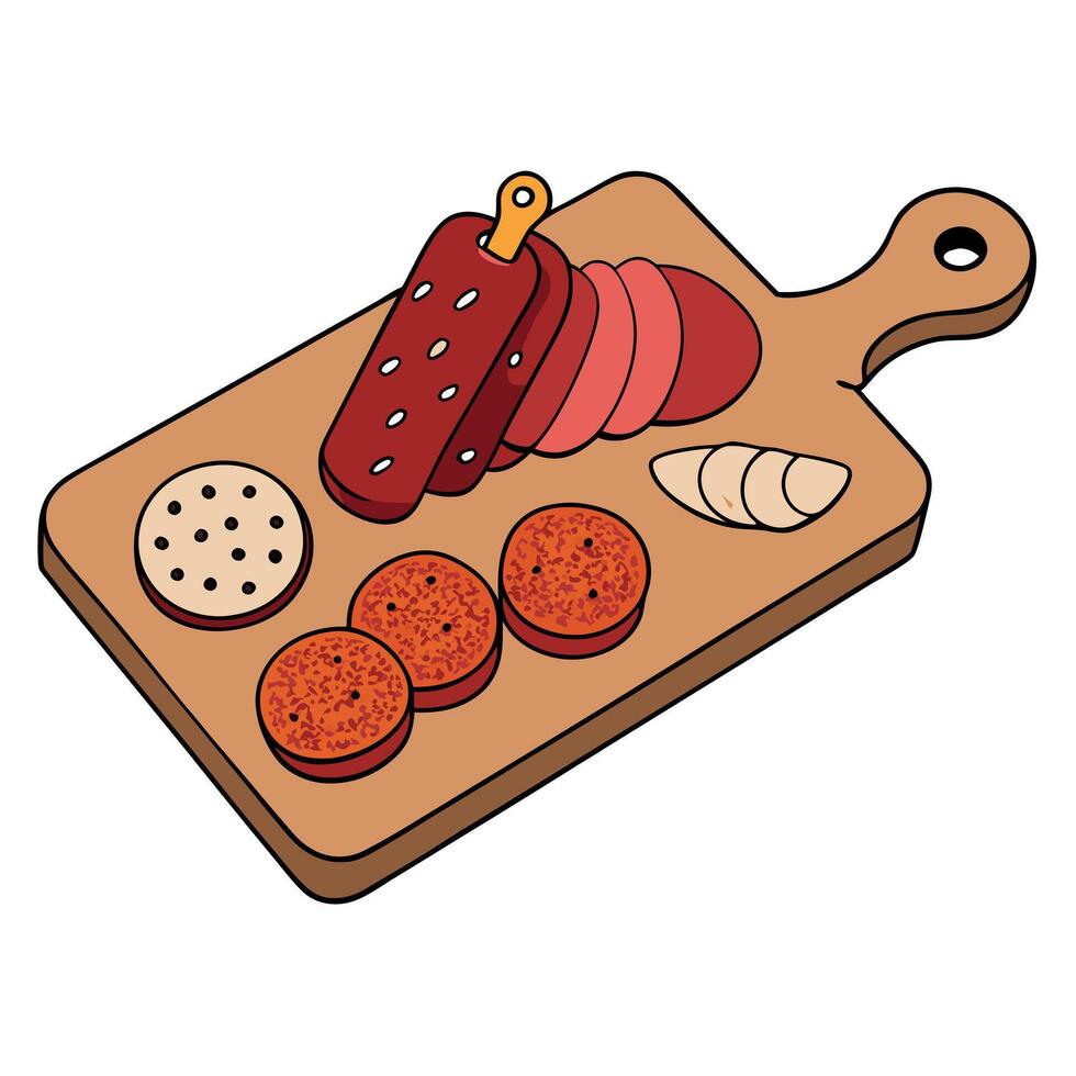 A wooden cutting board with a variety of meats and herbs on it. The meats include salami. pepperoni. vector